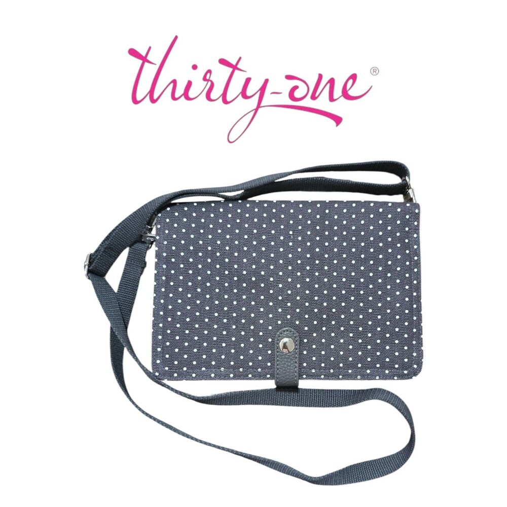 Thirty-One Polka Dot Crossbody Organizer Bag Wallet Purse Black White EUC